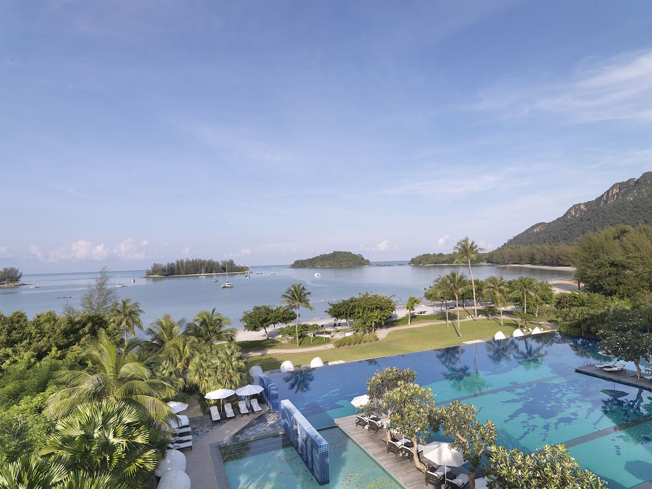 Panorama view of the Danna Langkawi hotel overlooking the infinity pool and The Andaman Sea